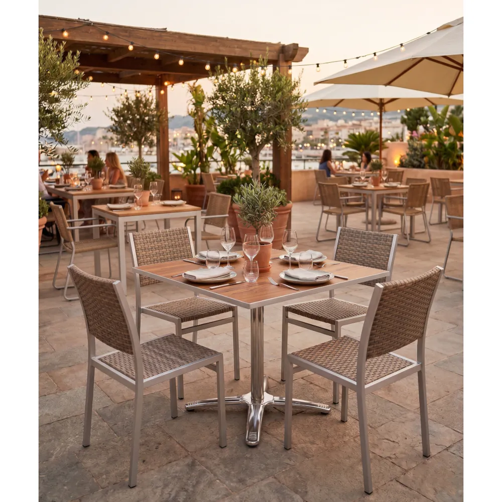 Sillas y mesas para exteriores de restaurante MR101-TB05 y SR-3073