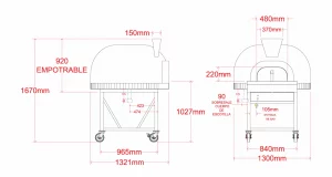 39 P base medidas Horno para Pizza de Leña y Gas de gran eficiencia con Base Alta, ideal para producir grandes cantidades de pizzas y platillos. Con una capacidad refractaria de hasta 1.600°C, este horno asegura un alto rendimiento y utiliza materiales refractarios de primera calidad. Capacidad de 5 pizzas de 32 cm. Piso refractario de grado alimenticio. Quemador a gas LP para calentamiento de horno. Puerta quitapón en acero inoxidable 304. Chimenea en acero inoxidable 304. 6 capas de aislamiento Boca de entrada 48 x 22 cm. Medida exterior 130 x 132 x 167 cm. Puede ver los diferentes materiales y diseños en la galeria del producto. Regresar a Hornos Para Pizza