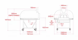 47 P base medidas Horno para Pizza de Leña y Gas de gran eficiencia con Base Alta, ideal para producir grandes cantidades de pizzas y platillos. Con una capacidad refractaria de hasta 1.600°C, este horno asegura un alto rendimiento y utiliza materiales refractarios de primera calidad. Capacidad de 7 pizzas de 32 cm. Piso refractario de grado alimenticio. Quemador a gas LP para calentamiento de horno. Puerta quitapón en acero inoxidable 304. Chimenea en acero inoxidable 304. 6 capas de aislamiento Boca de entrada 48 x 22 cm. Medida exterior 150 x 154 x 167 cm. Puede ver los diferentes colores y diseños en la galeria del producto. Regresar a Hornos Para Pizza