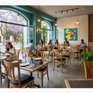 Sillas y mesas de madera para restaurante