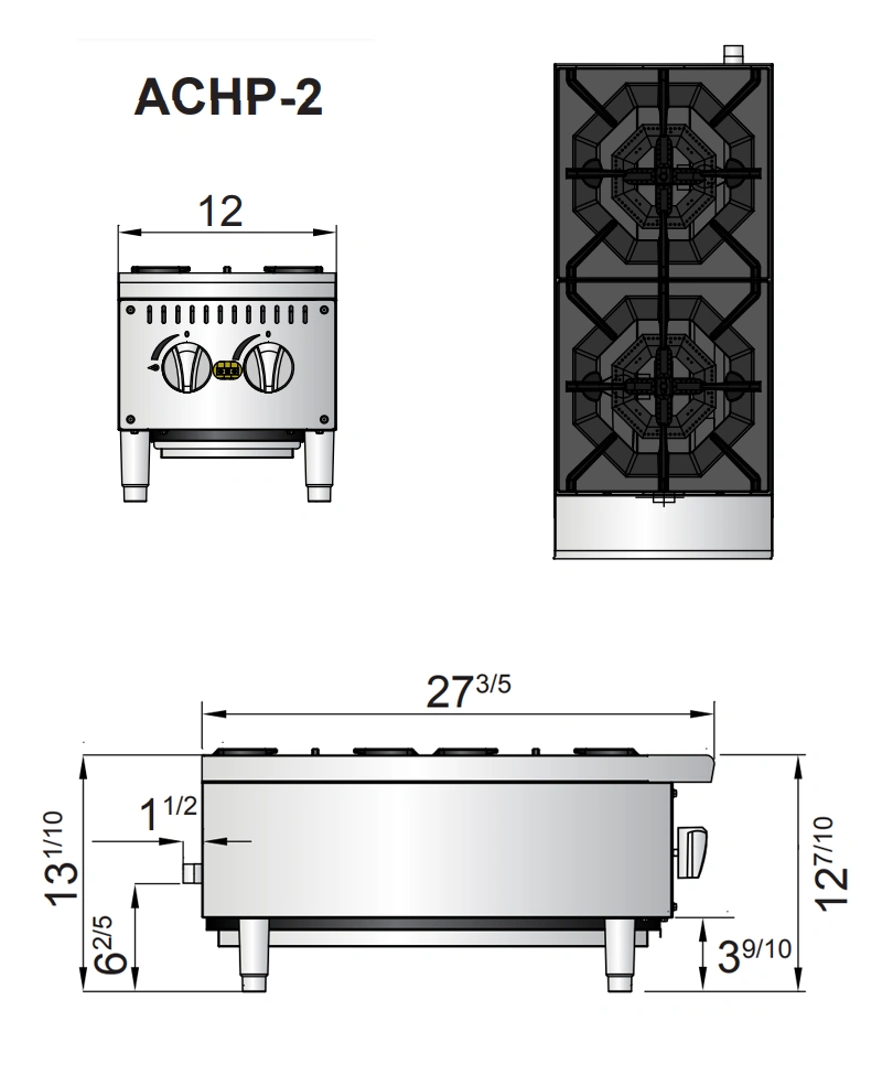 ACHP 2 diagrama Parrilla ACHP-2. Fabricada en Acero Inoxidable. A Gas con 2 Quemadores Octagonales de 32,000 BTU y 1 Parrilla Superior en Hierro fundido Parrilla a gas, con 2 quemadores de 32,000 BTU/hr. Rejillas superiores de hierro fundido de alta resistencia 1 charola para recolección de escurrimientos y migas. Medidas exteriores totales: Frente: 0.30 m Fondo: 0.70 m Alto: 0.33 m   Regresar a Parrillas  