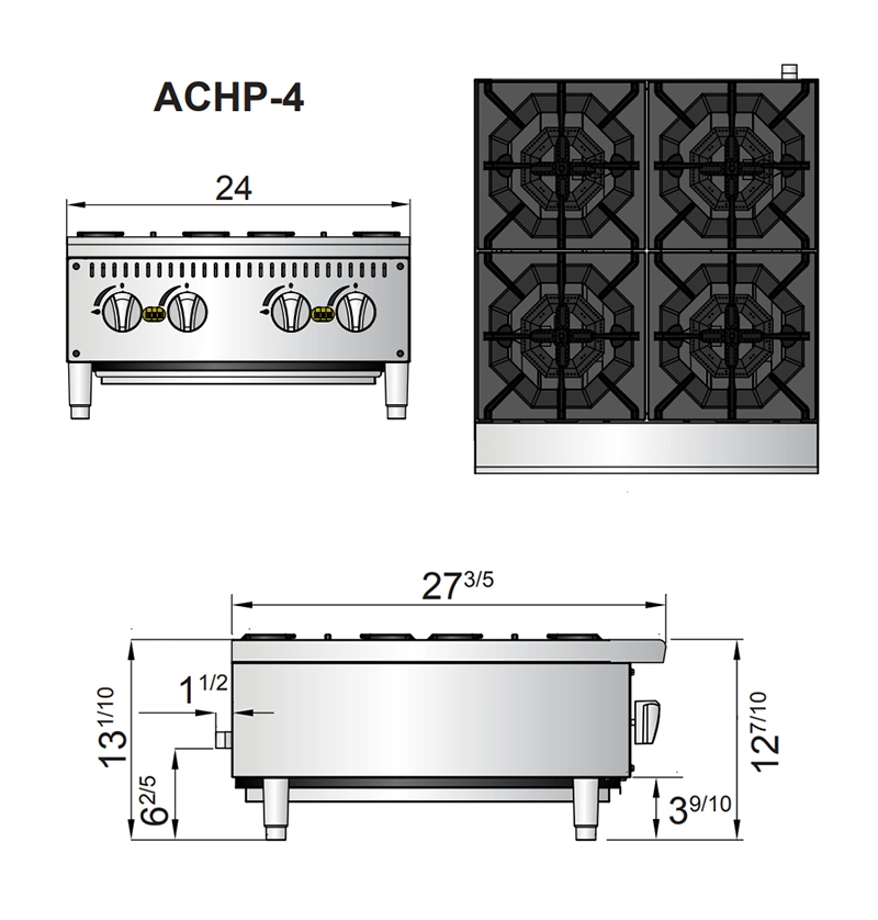 ACHP 4 diagrama Parrilla ACHP-4 de Atosa. Fabricada en Acero Inoxidable. A Gas con 4 Quemadores Octagonales de 32,000 BTU y 1 Parrilla Superior en Hierro fundido Parrilla a gas, con 4 quemadores de 32,000 BTU/hr. Rejillas superiores de hierro fundido de alta resistencia 1 charola para recolección de escurrimientos y migas. Medidas exteriores totales: Frente: 0.60 m Fondo: 0.70 m Alto: 0.33 m Regresar a Parrillas  