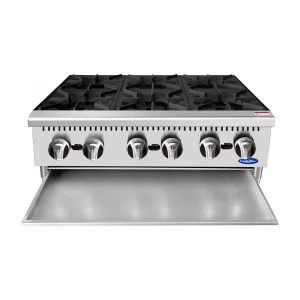 ACHP 6 3 Parrilla ACHP-6 de Atosa. Fabricada en Acero Inoxidable. A Gas con 6 Quemadores Octagonales de 32,000 BTU y 1 Parrilla Superior en Hierro fundido Parrilla a gas, con 6 quemadores de 32,000 BTU/hr. Rejillas superiores de hierro fundido de alta resistencia 1 charola para recolección de escurrimientos y migas. Medidas exteriores totales: Frente: 0.91 m Fondo: 0.70 m Alto: 0.33 m   Regresar a Parrillas  