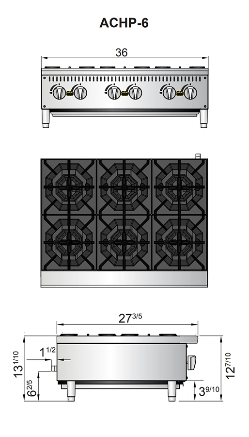 ACHP 6 diagrama Parrilla ACHP-6 de Atosa. Fabricada en Acero Inoxidable. A Gas con 6 Quemadores Octagonales de 32,000 BTU y 1 Parrilla Superior en Hierro fundido Parrilla a gas, con 6 quemadores de 32,000 BTU/hr. Rejillas superiores de hierro fundido de alta resistencia 1 charola para recolección de escurrimientos y migas. Medidas exteriores totales: Frente: 0.91 m Fondo: 0.70 m Alto: 0.33 m   Regresar a Parrillas  