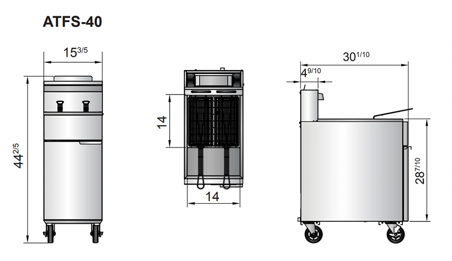 ATFS 40 diagrama La freidora ATFS-40 a Gas de Atosa, fabricada en acero inoxidable con capacidad de 18 litros. Exterior e Interior de acero inoxidable Quemadores de alta resistencia con llama permanente y pilotos de espera 2 canastillas niqueladas Capacidad de 18 litros de aceite 3 Quemadores de 34,000 BTU/H Disponible en gas natural y propano Dimensiones: 0.38 x 0.76 x 1.11 m (Frente x Fondo x Alto) Regresar a Freidoras