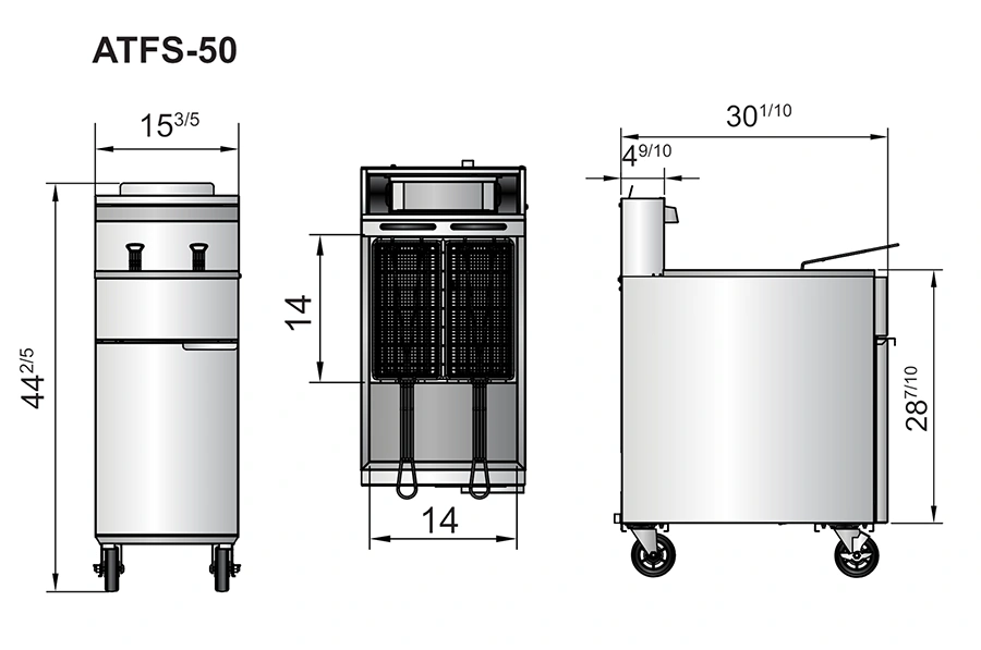 ATFS 50 dimensiones La freidora ATFS-50 a Gas de Atosa, fabricada en acero inoxidable con capacidad de 24.5 litros. Exterior e Interior de acero inoxidable. Quemadores de alta resistencia con llama permanente y pilotos de espera 2 canastillas niqueladas. Capacidad de 24.5 litros de aceite. 4 Quemadores de 34,000 BTU/H . Disponible en gas natural y propano Dimensiones: 0.39 x 0.76 x 1.12 m (Frente x Fondo x Alto). Regresar a Freidoras