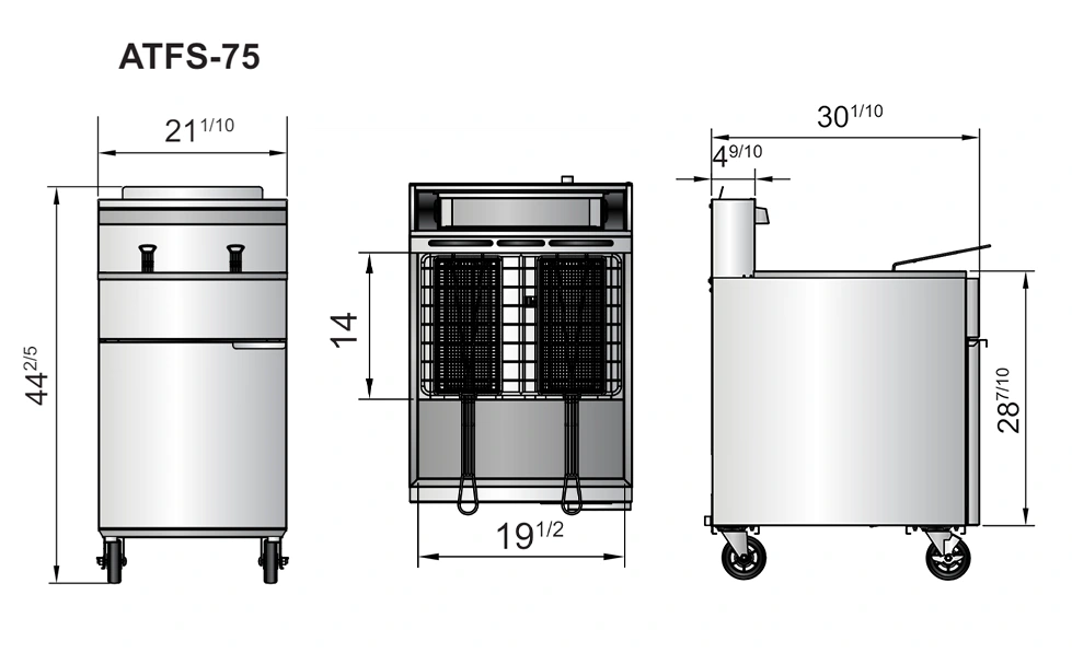 ATFS 75 dimensiones La freidora ATFS-75 a Gas de Atosa, fabricada en acero inoxidable con capacidad de 34 litros. Exterior e Interior de acero inoxidable. Quemadores de alta resistencia con llama permanente y pilotos de espera 2 canastillas niqueladas. Capacidad de 34 litros de aceite. 5 Quemadores de 34,000 BTU/H . Disponible en gas natural y propano Dimensiones: 0.53 x 0.76 x 1.12 m (Frente x Fondo x Alto). Regresar a Freidoras