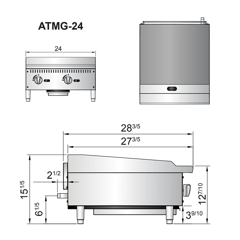 ATMG 24 diagrama Plancha ATMG-24 de Atosa. Fabricada en Acero Inoxidable tipo. Con Plancha de Acero Pulido y 2 Quemadores de 30,000 B.T.U. con pilotos de reserva. Placa de 3/4" de espesor, área útil: frente: 0.70 m, fondo: 0.60 m 1 charola de acero inoxidable para recolección de grasa. Medidas exteriores totales: Frente: 0.60 m Alto: 0.38 m Fondo: 0.70 m Regresar a Planchas