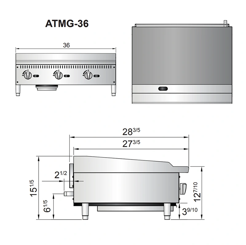ATMG 36 diagrama Plancha ATMG-36 de Atosa. Fabricada en Acero Inoxidable tipo. Con Plancha de Acero Pulido y 3 Quemadores de 30,000 B.T.U. con pilotos de reserva. Placa de 3/4" de espesor, área útil: frente: 0.91 m, fondo: 0.70 m 1 charola de acero inoxidable para recolección de grasa. Medidas exteriores totales: Frente: 0.91 m Alto: 0.38 m Fondo: 0.71 m Regresar a Planchas
