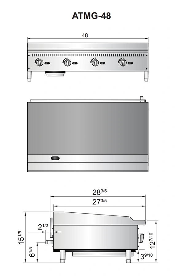 ATMG 48 diagrama Plancha ATMG-48 de Atosa. Fabricada en Acero Inoxidable tipo. Con Plancha de Acero Pulido y 4 Quemadores de 30,000 B.T.U. con pilotos de reserva. Placa de 3/4" de espesor, área útil: frente: 1.21 m, fondo: 0.70 m 1 charola de acero inoxidable para recolección de grasa. Medidas exteriores totales: Frente: 1.21 m Alto: 0.38 m Fondo: 0.71 m Regresar a Planchas