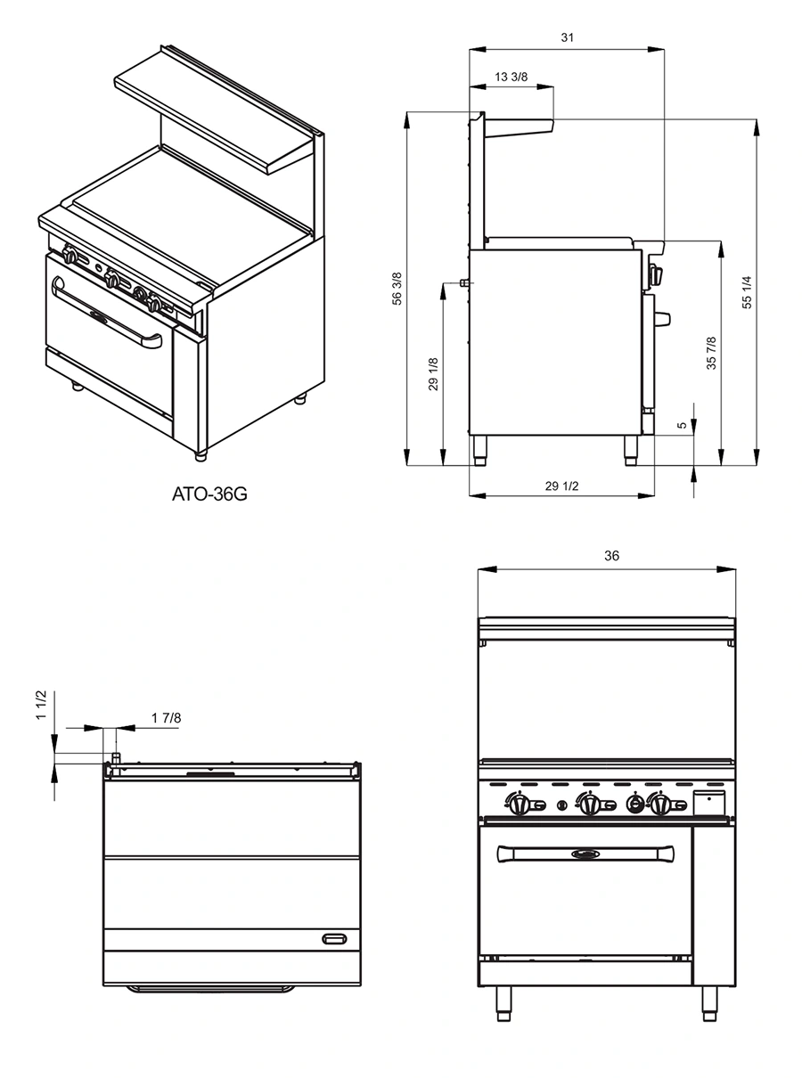 ATO 36G dimensiones Plancha tipo Estufa a Gas ATO-36G. La Mejor inversión para su negocio, Fabricada Totalmente en lámina de Acero Inoxidable tipo 430 y respaldo posterior en lamina de Aluminio. Cuenta con su plancha de extremo a extremo. Con su Horno integrado puede hornear de todo, pan, pasteles, aves, pescados, carnes, etc. Dos quemadores tipo "U" de  25,000 BTU/h, y un quemador tipo "flauta" de  21,000 BTU/h Charola para escurrimientos Plancha de extremo a extremo de 3/4" de espesor y medidas de 0.90 x .050 m Regresar a Estufas Industriales y Comerciales
