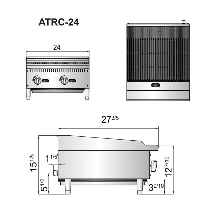 ATRC 24 diagrama Asador ATRC-24 de Atosa. Fabricado en Acero inoxidable tipo 430, A Gas, con 2 parrillas reversibles y 2 secciones de 12". Quemadores de acero inoxidable de 35,000 B.T.U. con piloto de espera. 1 charola para recolección de grasa y limpieza fácil. Medidas exteriores totales: Frente: 0.60 m Alto: 0.38 m. Fondo: 0.68 m Regresar a Asadores Industriales
