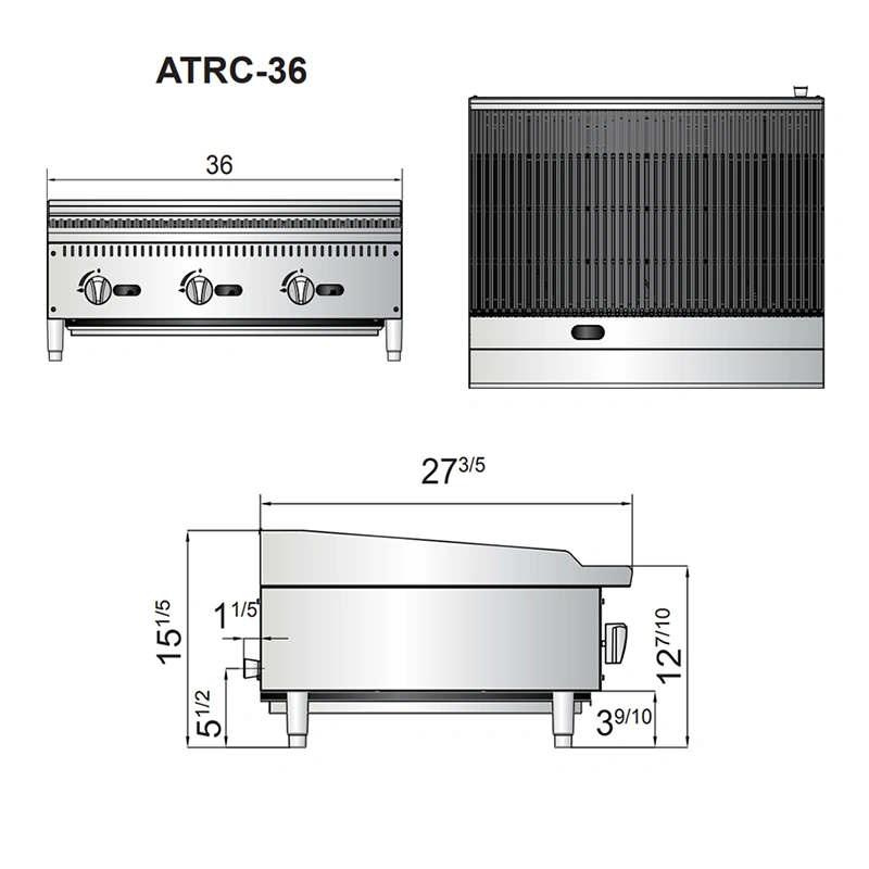 ATRC 36 diagrama Asador Industrial ATRC-36 de Atosa. Fabricado en Acero inoxidable tipo 430, A Gas, con 3 parrillas reversibles y 3 secciones de 12". Quemadores de acero inoxidable de 35,000 B.T.U. con piloto de espera. 1 charola para recolección de grasa y limpieza fácil. Medidas exteriores totales: Frente: 0.91 m Alto: 0.38 m. Fondo: 0.68 m Regresar a Asadores Industriales