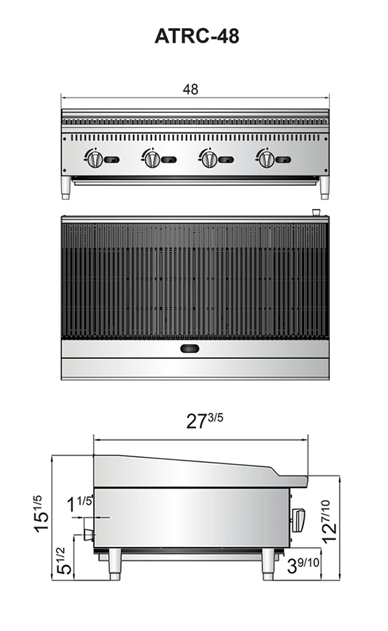 ATRC 48 diagrama Asador Industrial ATRC-48 de Atosa. Fabricado en Acero inoxidable tipo 430, A Gas, con 4 parrillas reversibles y 4 secciones de 12". Quemadores de acero inoxidable de 35,000 B.T.U. con piloto de espera. 1 charola para recolección de grasa y limpieza fácil. Medidas exteriores totales: Frente: 1.21 m Alto: 0.38 m. Fondo: 0.68 m Regresar a Asadores Industriales