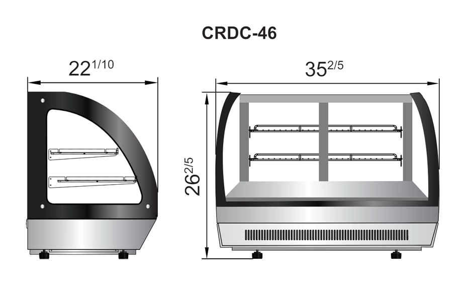 CRDC 46 diagrama Vitrina Refrigerada Curva de Mostrador CRDC-46. Máxima exhibición en espacios reducidos con capacidad de 130 lts. Exterior e interior de acero inoxidable con marcos negros. Compresor de montaje trasero con refrigerante ecológico R290. Temperatura ajustable de 0 a 5°C Voltaje 115 V/ 60 HZ / 2 A Capacidad compresor 1/5 HP Medidas: 0.90 x 0.67 x 0.56 m (frente x alto x fondo). Regresar a Vitrinas de Mostrador