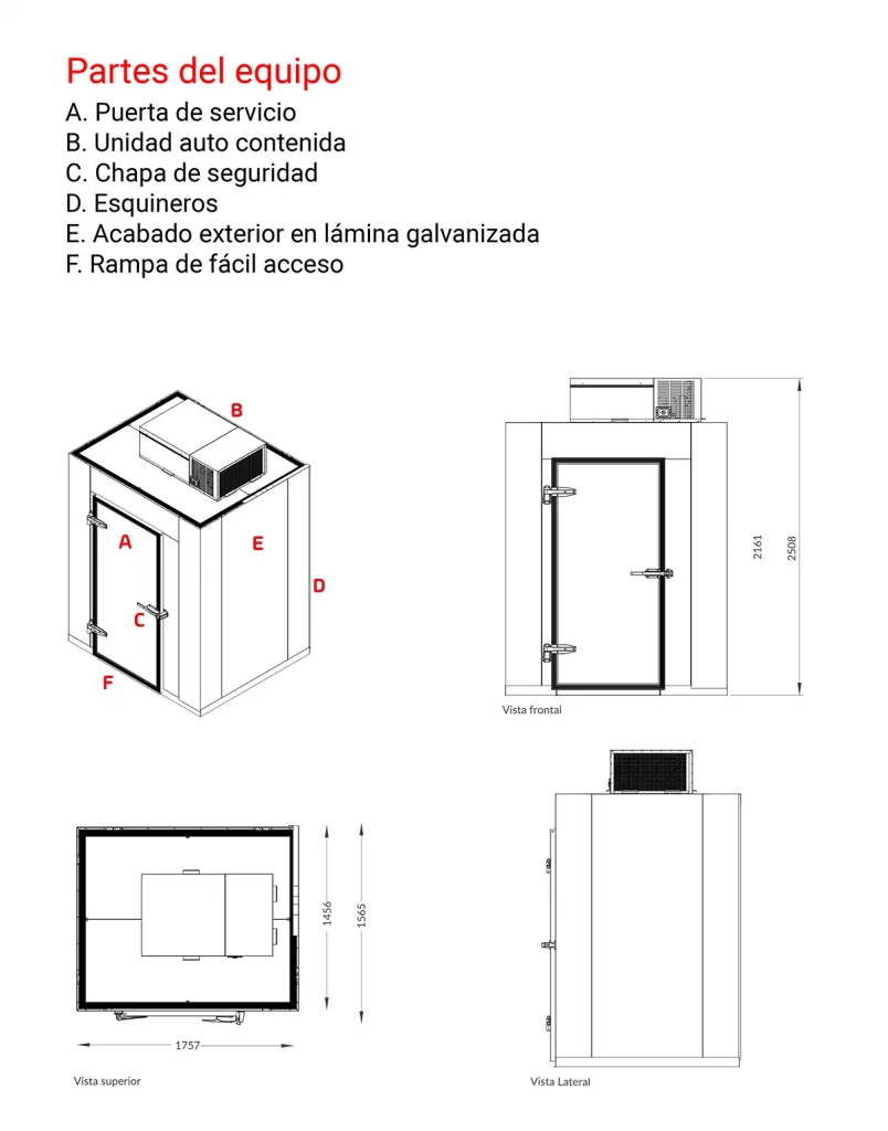 PREF 150 010 dimensiones Las Cámara de Congelación o Cuarto Frío PCON-150-618, es el equipo ideal para todas sus necesidades de almacenamiento congelado en su Restaurante. Con su gran insulación y capacidad de refrigeración, puede estar seguro que sus alimentos podrán ser preservados el máximo tiempo posible. Además cuenta con características como puerta con cierre automático y rampa de fácil acceso, lo cual le brinda una confianza al uso diario que le puede dar a esta cámara de congelación. 150 pies cúbicos de capacidad Puertas de servicio con acceso abatible Unidad autocontenida *Este producto se entrega desarmado. Su instalación y puesta en marcha no está incluida. Cada evento de instalación es única y requiere valorarse. Pregunte a nuestros agentes sobre su instalación. También puede ser instalada por un técnico en refrigeración de su confianza o localidad. Regresar a Cámaras Frías