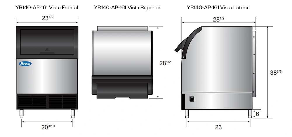 YR140 AP 161 diagrama Con la Maquina Fabricadora de Hielo YR140-AP-161 de Atosa (ENFRIADA POR AIRE) podrás producir hielos en cubos para tu negocio de la manera más rápida y eficiente. Con su increíble producción de hasta 64 kilos de hielo cada 24 horas. Sistema de enfriamiento por aire. Refrigerante ecológico R290. Exterior fabricado en acero inoxidable duradero. Almacenamiento de hielos integrado de 39 kg. Produce cubos de: 0.95 x 2.22 x 2.22 cm. Puerta de plástico azul inclinada para acceso fácil. Patas con niveladores de altura. Para aplicaciones independientes o empotradas Filtro de aire desmontable y de fácil mantenimiento que prolonga la vida del equipo. Incluye cuchara para hielo. Regresar a Máquinas Productoras de Hielo
