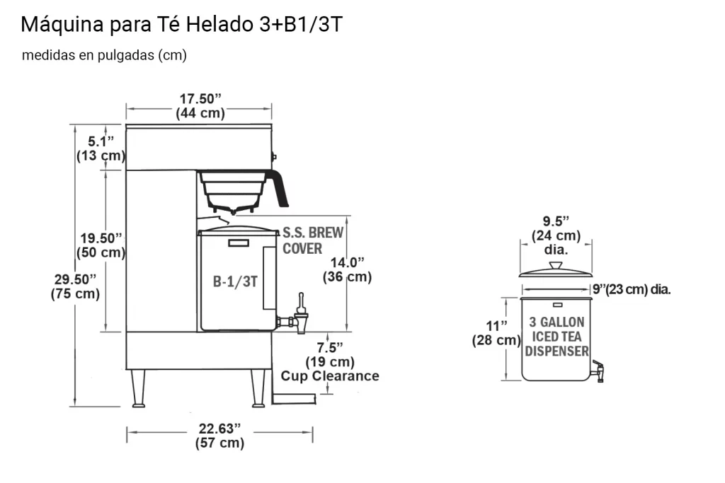 3B13T dimensiones La Máquina para Té Helado 3+B1/3T de Grindmaster le permite preparar hasta 3 galones de Té Helado y gracias a su sistema de seguro para baja temperatura, puede mantener su bebida en la temperatura apropiada. Tiempo de percolado ajustable Construcción en acero inoxidable Incluye termo para Té, modelo B1/3T, con capacidad de 3 galones (11.4 litros) Vea más Equipo para Restaurante Aquí