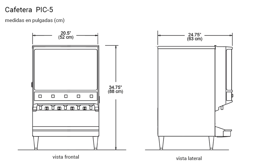 PIC 5 dimensiones La Cafetera para Polvos PIC-5 de Grindmaster de funcionamiento eléctrico le permite tener hasta 5 sabores diferentes de café. Ya sea para autoservicio o utilizarlo detrás de barra, esta cafetera podra abastecer sus necesidades de servicio gracias a su facilidad de uso y rapidez de trabajo. Cuenta con 5 tolvas con capacidad para 5 libras (2.5 kg aprox) de café en polvo y un tanque de agua de 5 galones o 18.9 litros. Medidas exteriores: 62 x 64 x 88 cm (frente x fondo x alto) *Requiere de instalación y capacitación, pregunte a nuestros agentes por estos puntos. Vea más Cafeteras Aquí