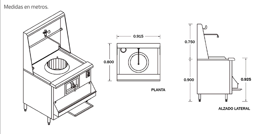 FR W36 dimensiones Con la estufa WOK-120 W36 para platillos orientales tipo Wok, podrá preparar los alimentos Orientales más auténticos y con el característico sabor a Wok que define una gran parte de esta Gastronomía. Y gracias a su alto rendmimiento, usted podrá producir muchos platillos en un corto periodo de tiempo, para así poder satisfacer a sus clientes con su gran velocidad. Gabinete y respaldo fabricados en acero inoxidable con el frente y los costados aislados con fibra de vidrio. Estufa de 1 quemador con 2 opciones a elegir, a baja presión de 120,000 BTU/H, y alta presión de 200,000 BTUH/H. Cuenta con sistema de agua sobre cubierta para enfiramiento y limpieza. Regresar a Estufas Industriales