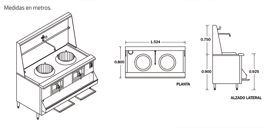 FR W60 dimensiones Con la estufa WOK-130 W60 para platillos orientales tipo Wok, podrá preparar los alimentos Orientales más auténticos y con el característico sabor a Wok que define una gran parte de esta Gastronomía. Y gracias a su alto rendmimiento, usted podrá producir muchos platillos en un corto periodo de tiempo, para así poder satisfacer a sus clientes con su gran velocidad. Gabinete y respaldo fabricados en acero inoxidable con el frente y los costados aislados con fibra de vidrio. Estufa de 2 quemadores con 2 opciones a elegir, a baja presión de 120,000 BTU/H, y alta presión de 200,000 BTUH/H. Cuenta con sistema de agua sobre cubierta para enfiramiento y limpieza. Regresar a Estufas Industriales