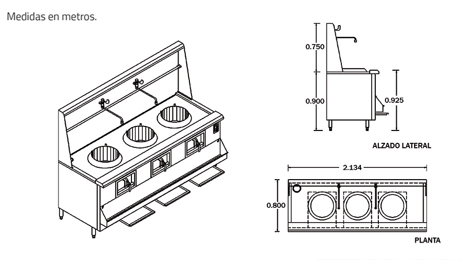 FR W84 dimensiones Con la estufa WOK-140 W84 para platillos orientales tipo Wok, podrá preparar los alimentos Orientales más auténticos y con el característico sabor a Wok que define una gran parte de esta Gastronomía. Y gracias a su alto rendmimiento, usted podrá producir muchos platillos en un corto periodo de tiempo, para así poder satisfacer a sus clientes con su gran velocidad. Gabinete y respaldo fabricados en acero inoxidable con el frente y los costados aislados con fibra de vidrio. Estufa de 3 quemadores con 2 opciones a elegir, a baja presión de 120,000 BTU/H, y alta presión de 200,000 BTUH/H. Cuenta con sistema de agua sobre cubierta para enfiramiento y limpieza. Regresar a Estufas Industriales