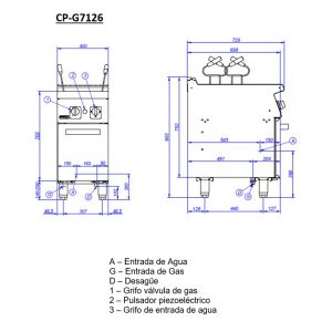 CP G7126 dimensiones Los Cocedores de Pasta son un equipo indispensable para la cocina gracias a su gran capacidad de cocción de pasta en un corto periodo de tiempo. El Cocedor de Pasta CP-G7126 a Gas le brinda: Construcción en acero inoxidable Cuba de dimensiones GN-2/3, con 26 litros de capacidad Sistema de seguridad automático para cortar la corriente en caso de quedarse sin agua Patas de acero inoxidable regulables en altura Medidas: 40 x 73 x 85 cm (frente x fondo x alto)   *Incluye 2 cestos GN-1/3