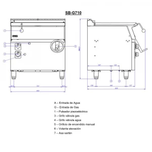 SB G710 dimensiones Los Sartenes de Volteo son un equipo Imprescindible en toda Cocina Industrial y Profesional para producción de alto Volumen. Gracias al Sartén Basculante usted puede preparar todo tipo de alimentos desde Freír, Cocer y hasta mantener en temperatura de Servicio. El Sarten Basculante SB-G710 a Gas le brinda: Construcción en acero inoxidable Sistema de elevación de la cuba por manivela. Se puede levantar hasta dejarla vertical, para un completo vaciado de la misma 60 litros de capacidad. Con una superficie de 734 x 464 mm Temperatura del fondo de la cuba controlada mediante termostato, entre 50 y 300 °C Patas de acero inoxidable regulables en altura Medidas: 80 x 73 x 85 cm (frente x fondo x alto) Vea más en Características y Especificaciones.   Regresar a Sartenes Basculantes de Volteo