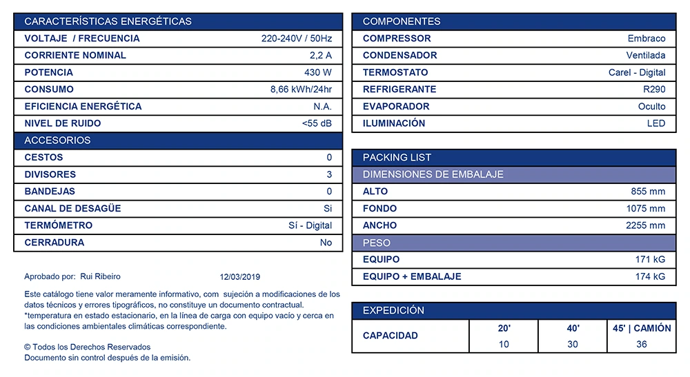 SMR DA 2200 tecnica 2 El Exhibidor Refrigerado de Autoservicio Doble Temperatura SMR-DA-2200 con puertas corredizas de Cristal Curvo le ofrece una inmejorable exposición de sus productos. Debido a su función Dual de temperatura, le permite tener una sección solo refrigerada y la otra en Congelación. Asà mismo y gracias a su diseño el Exhibidor Refrigerado de Autoservicio SMR-DA-2200 es ideal para Tiendas de Conveniencia, Autoservicios y Supermercados. Además sus clientes pueden tomar los productos directa y fácilmente sin asistencia. Equipo para exhibición Dual Temp (doble temperatura) Gran diseño e iluminación LED Sistema ecológico respetuoso del medio ambiente con gas R290 Bajo consumo de energÃa Medidas: 220 x 84 x 102 cm (frente x fondo x alto) Regresar a Exhibidores Panorámicos Refrigerados