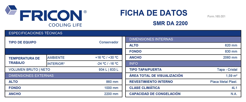 SMR DA 2200 tecnica El Exhibidor Refrigerado de Autoservicio Doble Temperatura SMR-DA-2200 con puertas corredizas de Cristal Curvo le ofrece una inmejorable exposición de sus productos. Debido a su función Dual de temperatura, le permite tener una sección solo refrigerada y la otra en Congelación. Asà mismo y gracias a su diseño el Exhibidor Refrigerado de Autoservicio SMR-DA-2200 es ideal para Tiendas de Conveniencia, Autoservicios y Supermercados. Además sus clientes pueden tomar los productos directa y fácilmente sin asistencia. Equipo para exhibición Dual Temp (doble temperatura) Gran diseño e iluminación LED Sistema ecológico respetuoso del medio ambiente con gas R290 Bajo consumo de energÃa Medidas: 220 x 84 x 102 cm (frente x fondo x alto) Regresar a Exhibidores Panorámicos Refrigerados