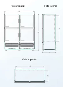 VRQ35 dimensiones Enfriador de cuatro puertas de alta eficiencia, ideal para supermercados y tiendas de conveniencia. Es la mejor opción cuando requiera de una mayor capacidad de exhibición de productos, y así llamar la atención de sus clientes. Medidas: 150 x 68 x 183 cm (frente x fondo x alto) Volumen: 35 pies cúbicos Peso: 201 Kg   Regresar a los Refrigeradores puerta de cristal  