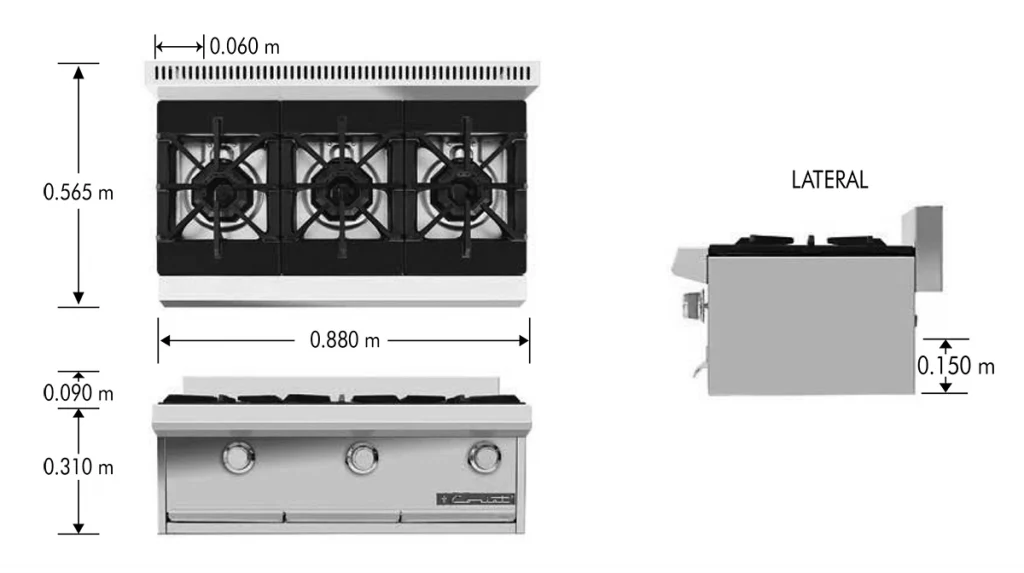 PCH 3 petit dimensiones Parrilla PCH-3 PETIT. Fabricada en Acero Inoxidable tipo 430. A Gas con 3 Quemadores y 3 Parrillas en Hierro gris y 3 cubiertas Semi-selladas. Parrilla a gas, con 3 quemadores de 24,000 BTU/hr 3 parrillas en hierro gris y 3 cubiertas semi-selladas 1 charola para recolección de escurrimientos Medidas exteriores totales: Frente: 0.88 m Fondo: 0.59 m Alto: 0.48 m    Regresar a Parrillas Industriales