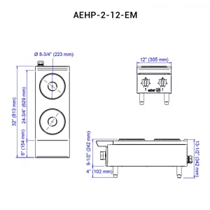PARRILLA AEHP 2 12 EM DIMENSIONES La Parrilla Eléctrica AEHP-2-12-EM de la línea Emerald, es de diseño exclusivo y único en su clase. Construida en acero inoxidable robusto y estructura interior tipo "U", con aislamiento lateral y en piso para optimizar la eficiencia térmica y evitar perdidas de calor en el ambiente. Construcción del exterior e interior en acero inoxidable, excepto respaldo 2 potentes placas eléctricas selladas de 8 pulgadas de diámetro y 2.6 kW c/u Medidas: 30.5 x 81.3 x 34.2 cm (frente x fondo x alto) &nbsp; Regresar a Parrillas &nbsp;